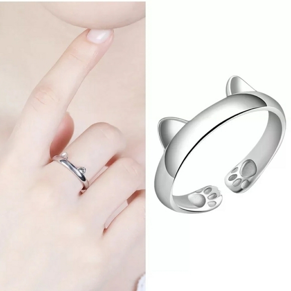 925 Sterling Silver Cartoon Kitten Footprint Adjustable Ring - Picture 1 of 11